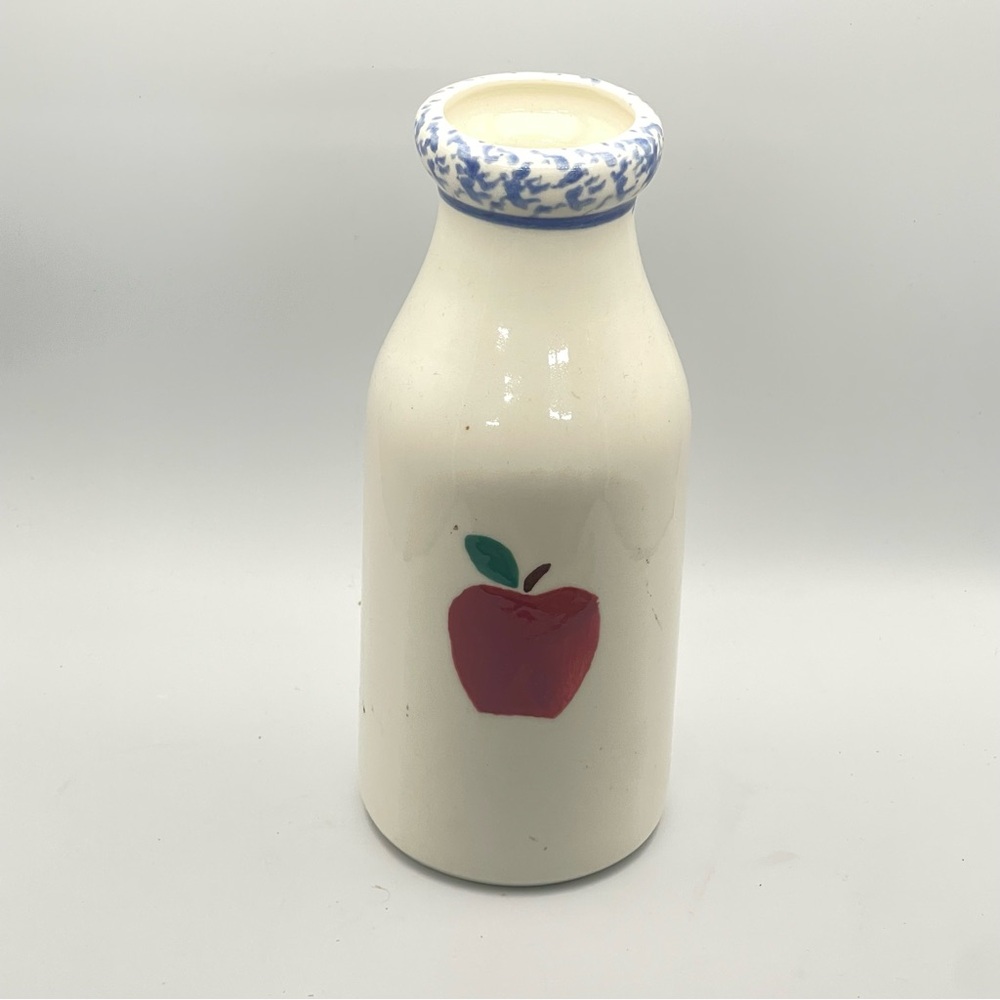 Vintage Apple Milk‎ Bottle – Painted Glass with Blue Rim – Country Kitchen Decor